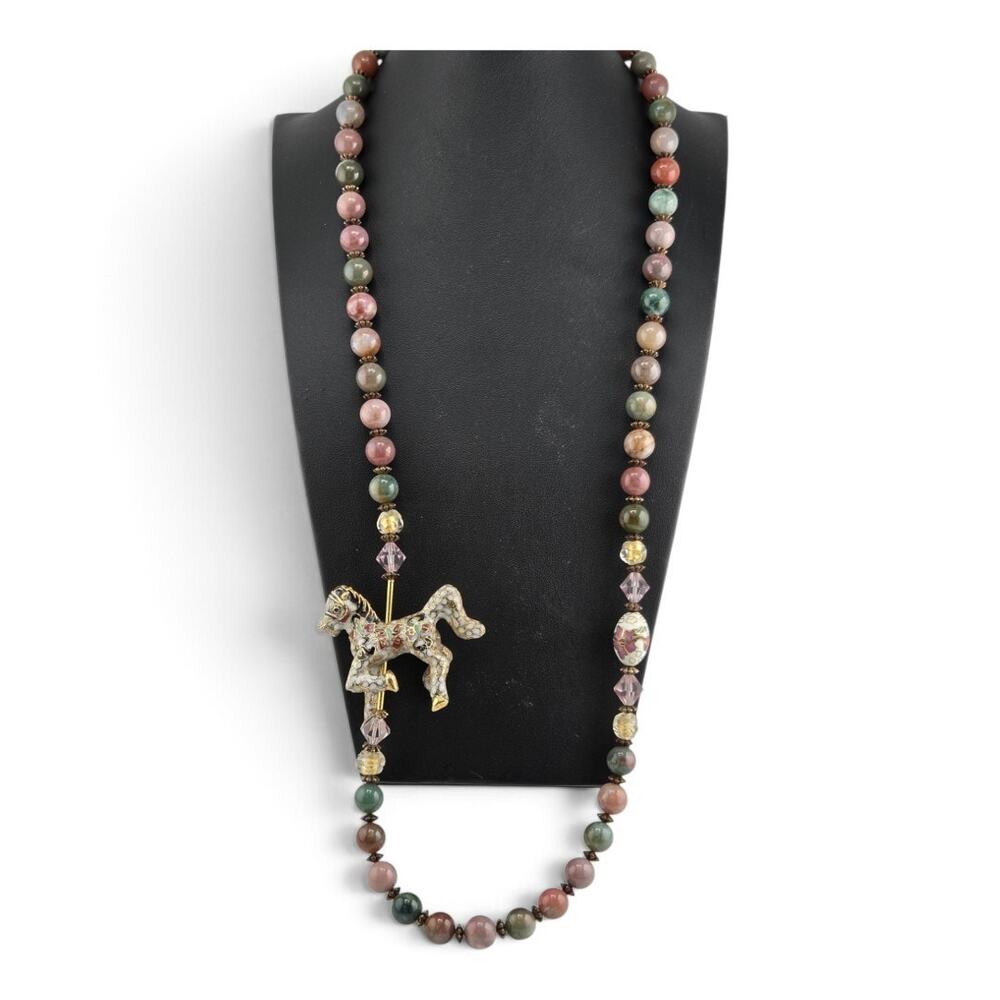 Vintage Rayene Cloisonne Horse Multicolor Gemstone Crystal Beaded Necklace 34"